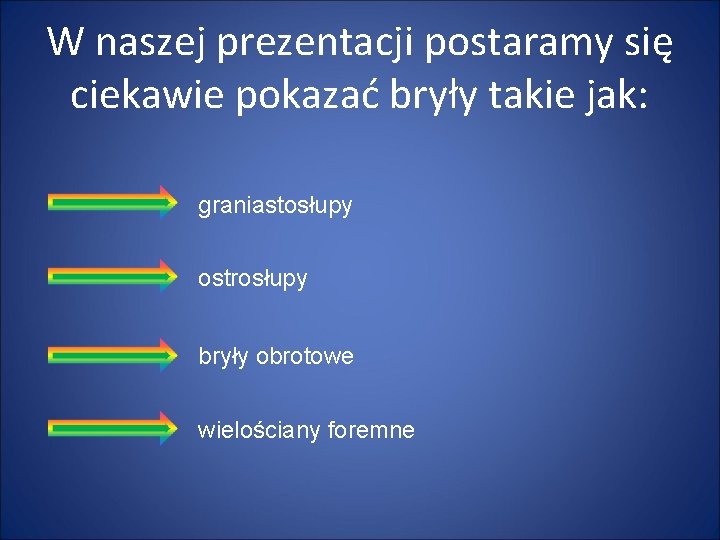 W naszej prezentacji postaramy się ciekawie pokazać bryły takie jak: graniastosłupy ostrosłupy bryły obrotowe