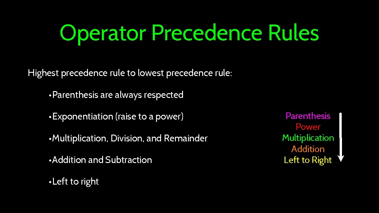 Operator Precedence Rules Highest precedence rule to lowest precedence rule: • Parenthesis are always