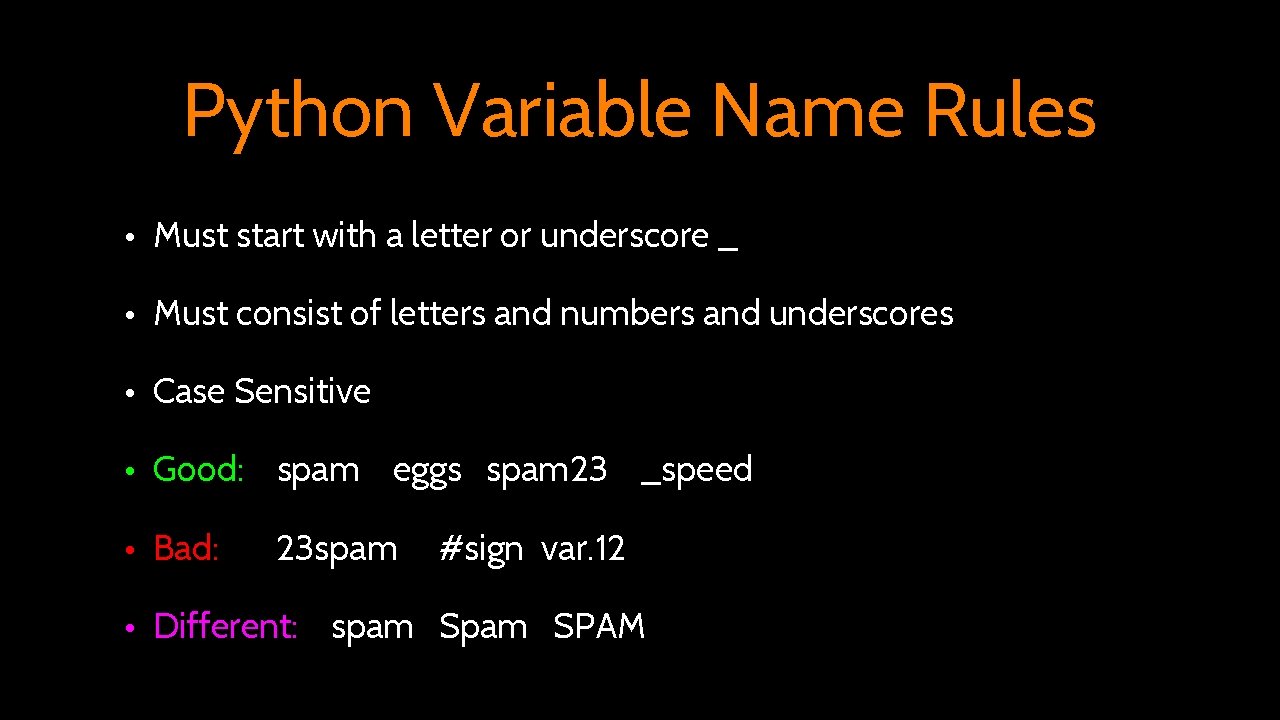 Python Variable Name Rules • Must start with a letter or underscore _ • Python Variable Name Rules • Must start with a letter or underscore _ •