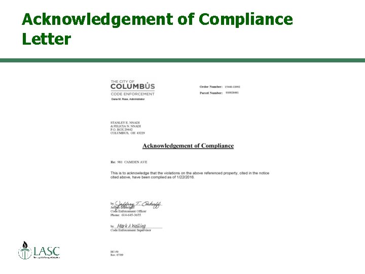 Acknowledgement of Compliance Letter 118 