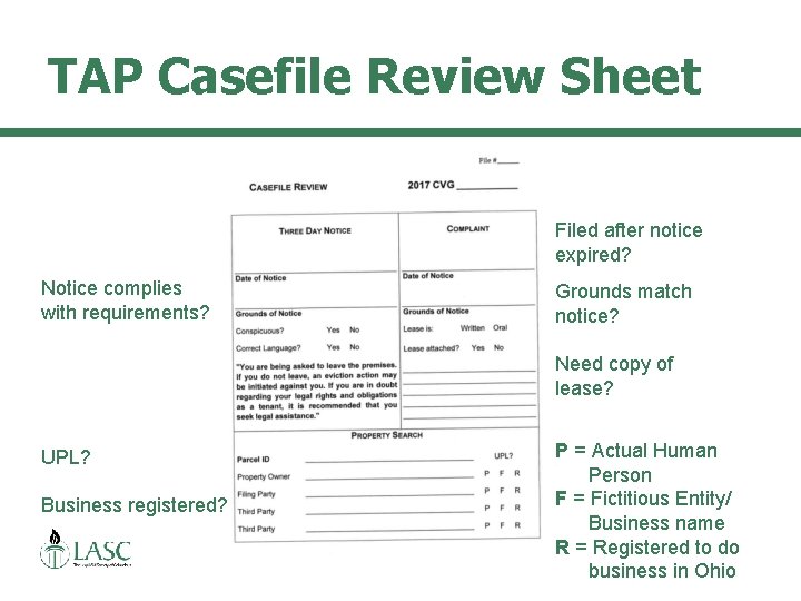 TAP Casefile Review Sheet Filed after notice expired? Notice complies with requirements? Grounds match