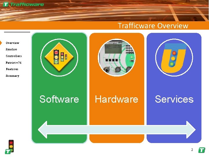 Trafficware Overview Synchro Controllers Patriot v 76 Features Summary Software Hardware Services 2 
