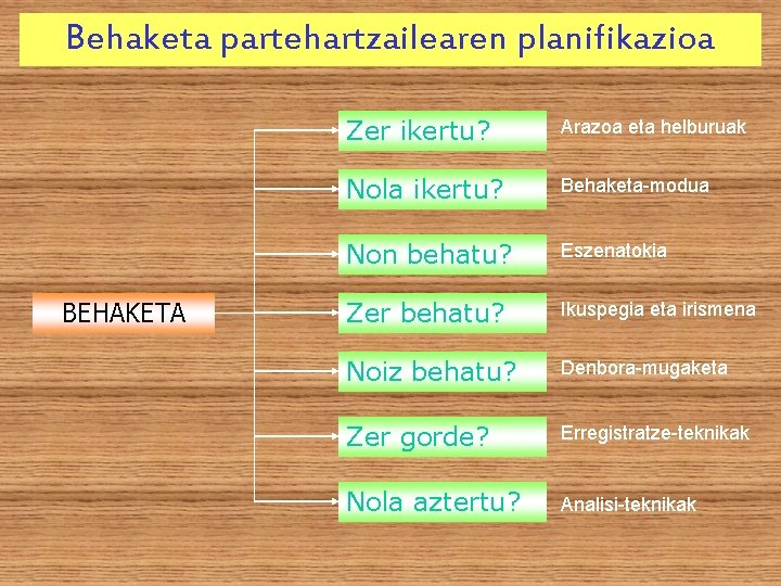 Behaketa partehartzailearen planifikazioa BEHAKETA Zer ikertu? Arazoa eta helburuak Nola ikertu? Behaketa-modua Non behatu?