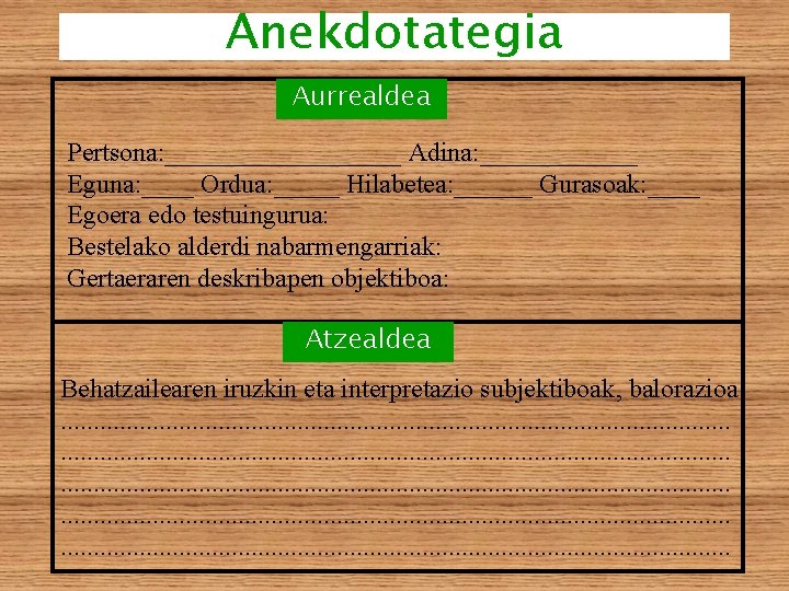 Anekdotategia Aurrealdea Pertsona: _________ Adina: ______ Eguna: ____ Ordua: _____ Hilabetea: ______ Gurasoak: ____