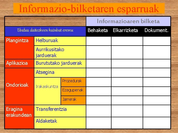 Informazio-bilketaren esparruak Informazioaren bilketa Ebalua daitezkeen hainbat eremu Plangintza Helburuak Aurrikusitako jarduerak Aplikazioa Burututako