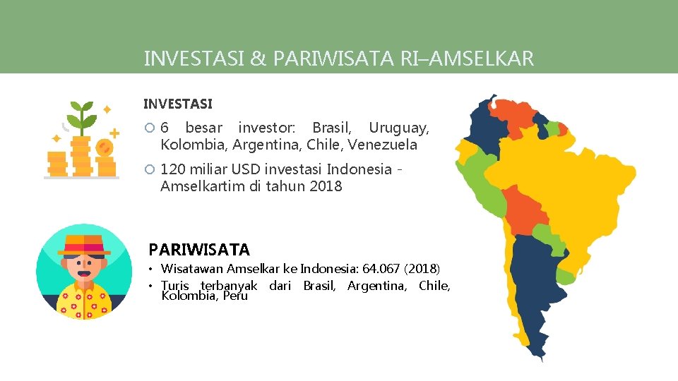 INVESTASI & PARIWISATA RI–AMSELKAR INVESTASI 6 besar investor: Brasil, Uruguay, Kolombia, Argentina, Chile, Venezuela