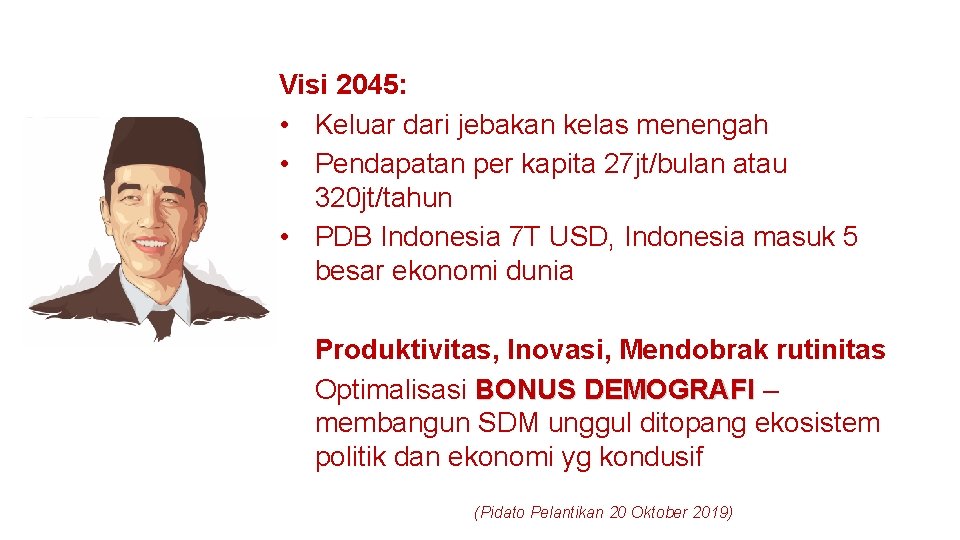 Presiden Republik Indonesia Visi 2045: • Keluar dari jebakan kelas menengah • Pendapatan per