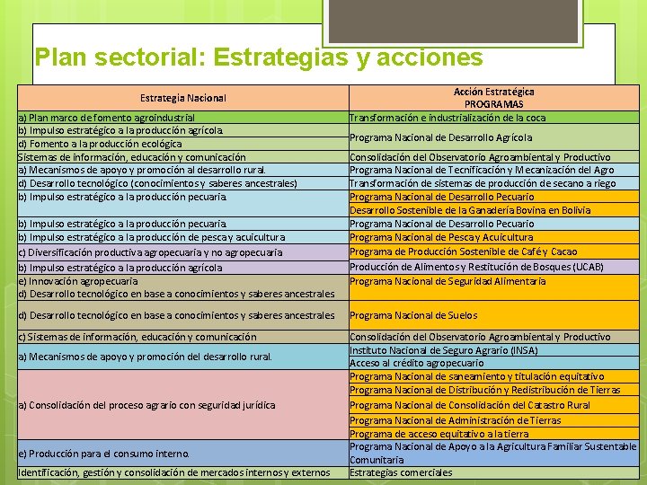 Plan sectorial: Estrategias y acciones Estrategia Nacional a) Plan marco de fomento agroindustrial b)