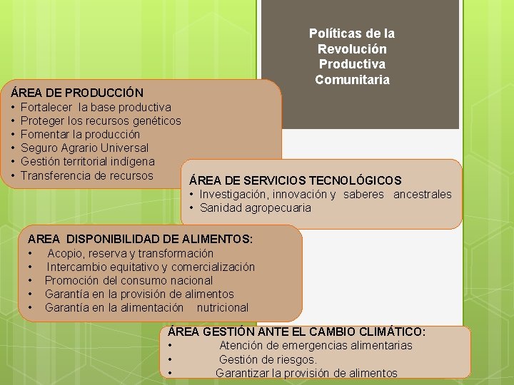 Políticas de la Revolución Productiva Comunitaria ÁREA DE PRODUCCIÓN • Fortalecer la base productiva