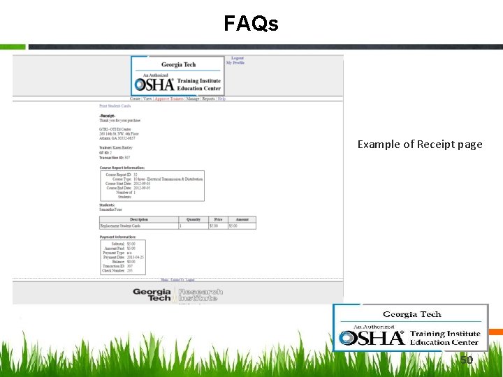 FAQs Example of Receipt page 50 