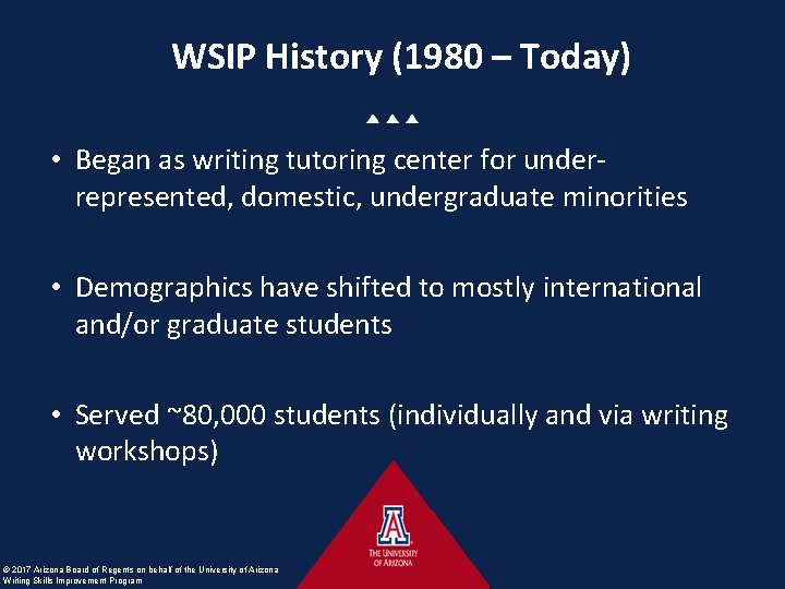 WSIP History (1980 – Today) • Began as writing tutoring center for underrepresented, domestic,