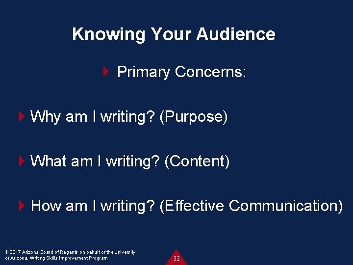 Knowing Your Audience Primary Concerns: Why am I writing? (Purpose) What am I writing?
