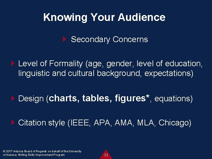 Knowing Your Audience Secondary Concerns Level of Formality (age, gender, level of education, linguistic