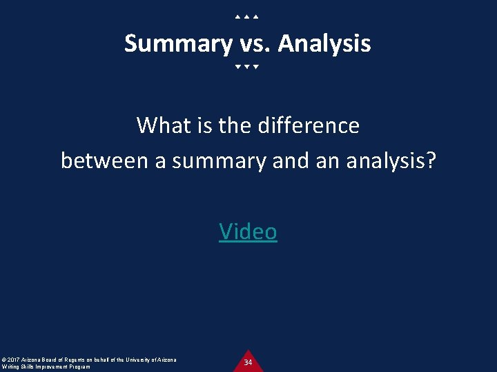 Summary vs. Analysis What is the difference between a summary and an analysis? Video