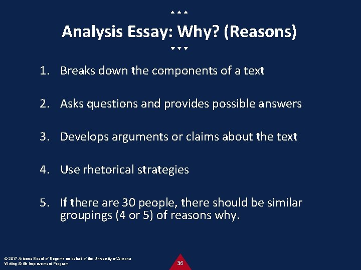Analysis Essay: Why? (Reasons) 1. Breaks down the components of a text 2. Asks