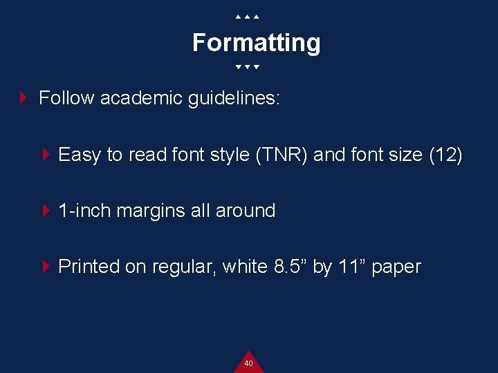 Formatting Follow academic guidelines: Easy to read font style (TNR) and font size (12)