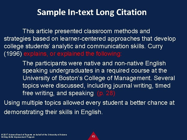 Sample In-text Long Citation This article presented classroom methods and strategies based on learner-centered