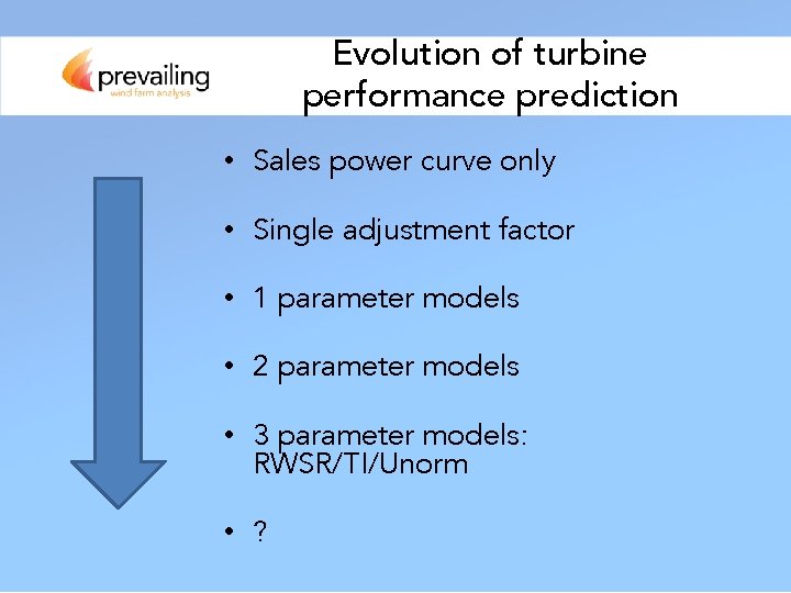 Evolution of turbine performance prediction • Sales power curve only • Single adjustment factor