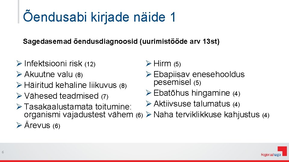 Õendusabi kirjade näide 1 Sagedasemad õendusdiagnoosid (uurimistööde arv 13 st) Ø Hirm (5) Ø