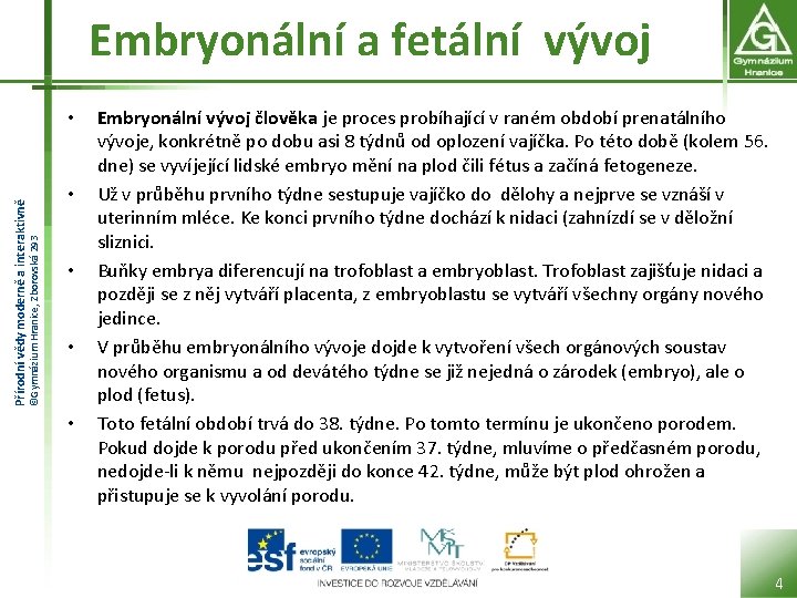 Embryonální a fetální vývoj ©Gymnázium Hranice, Zborovská 293 Přírodní vědy moderně a interaktivně •