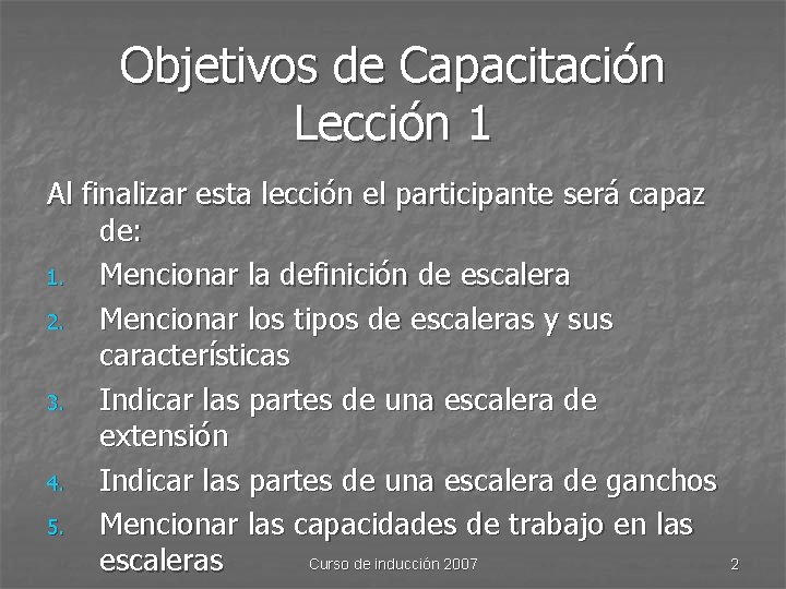 Objetivos de Capacitación Lección 1 Al finalizar esta lección el participante será capaz de: