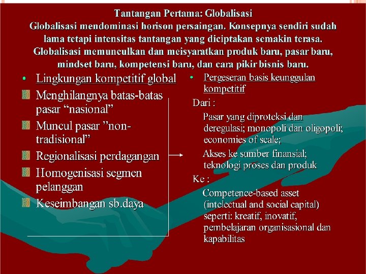 TANTANGAN PERTAMA: GLOBALISASI MENDOMINASI HORISON PERSAINGAN. KONSEPNYA SENDIRI SUDAH LAMA TETAPI INTENSITAS TANTANGAN YANG