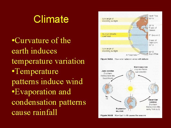 Climate • Curvature of the earth induces temperature variation • Temperature patterns induce wind