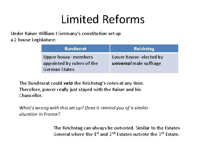 Limited Reforms Under Kaiser William I Germany’s constitution set up a 2 house Legislature: