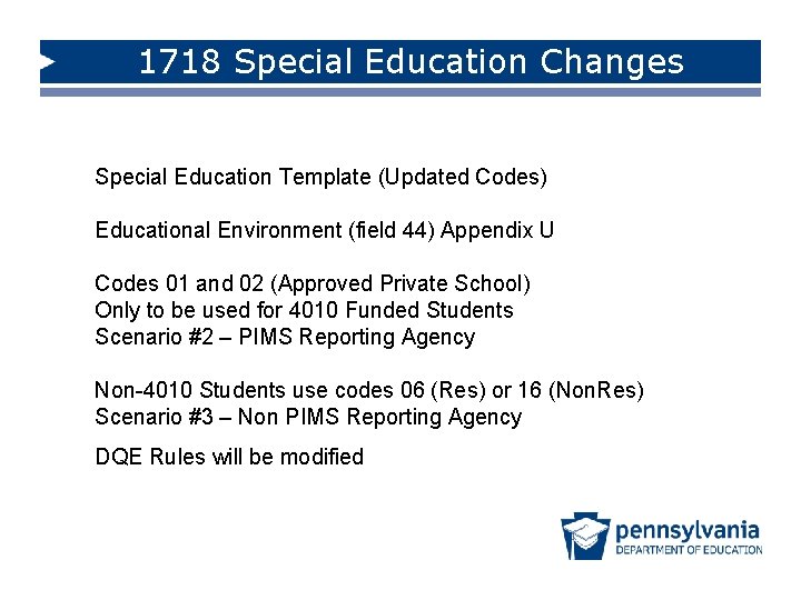 1718 Special Education Changes Special Education Template (Updated Codes) Educational Environment (field 44) Appendix