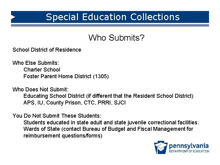 Special Education Collections Who Submits? School District of Residence Who Else Submits: Charter School