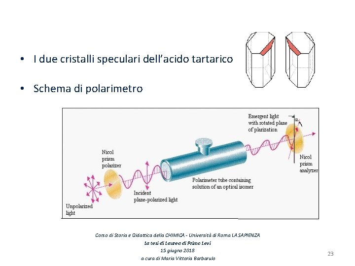  • I due cristalli speculari dell’acido tartarico • Schema di polarimetro Corso di