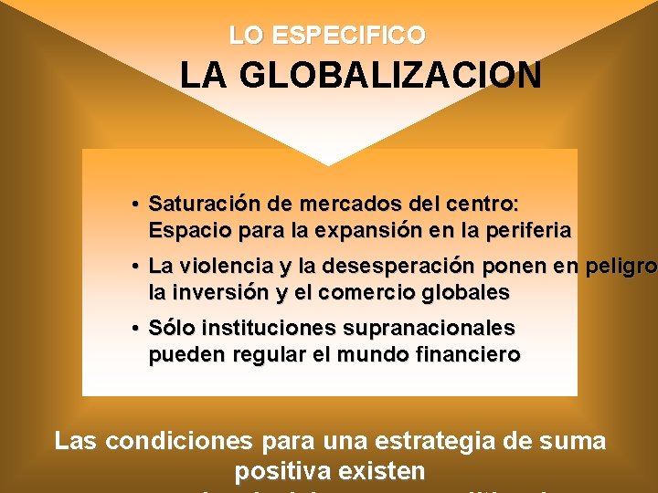 LO ESPECIFICO LA GLOBALIZACION • Saturación de mercados del centro: Espacio para la expansión