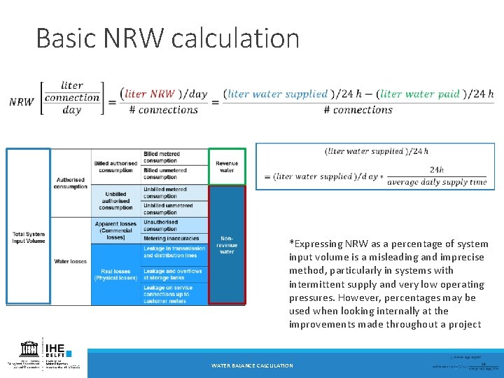 Basic NRW calculation *Expressing NRW as a percentage of system input volume is a