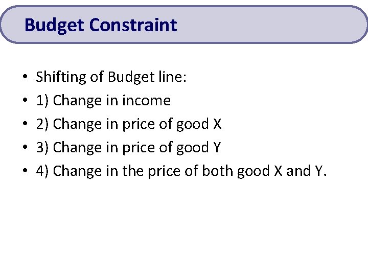 Budget Constraint • • • Shifting of Budget line: 1) Change in income 2)