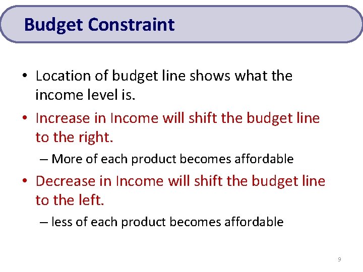 Budget Constraint • Location of budget line shows what the income level is. • Budget Constraint • Location of budget line shows what the income level is. •