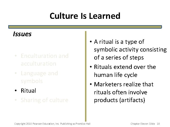 Culture Is Learned Issues • Enculturation and acculturation • Language and symbols • Ritual