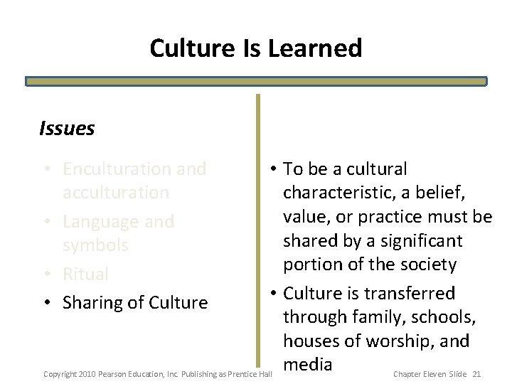 Culture Is Learned Issues • Enculturation and acculturation • Language and symbols • Ritual