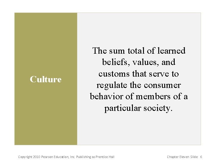Culture The sum total of learned beliefs, values, and customs that serve to regulate