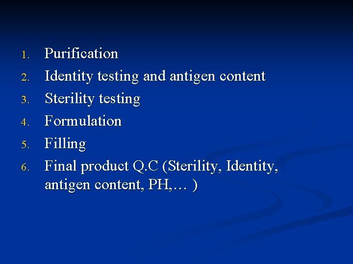 1. 2. 3. 4. 5. 6. Purification Identity testing and antigen content Sterility testing