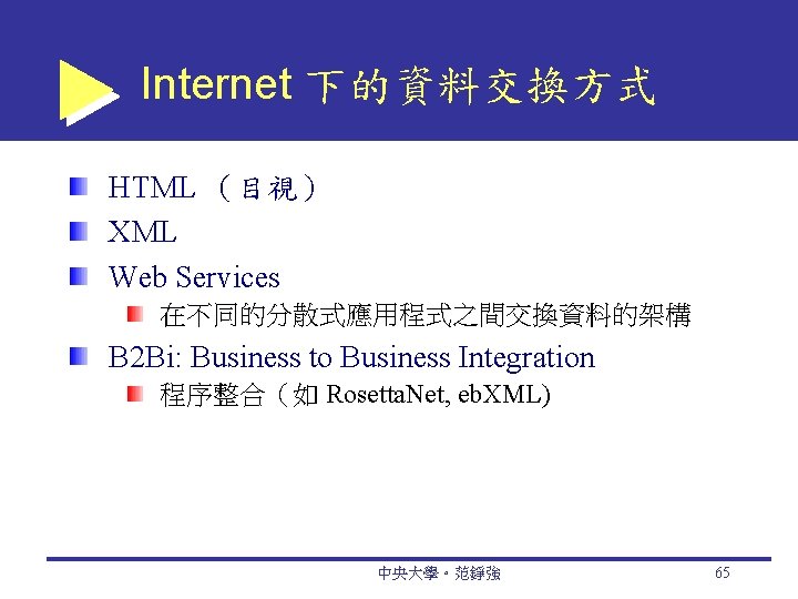 Internet 下的資料交換方式 HTML （目視） XML Web Services 在不同的分散式應用程式之間交換資料的架構 B 2 Bi: Business to Business