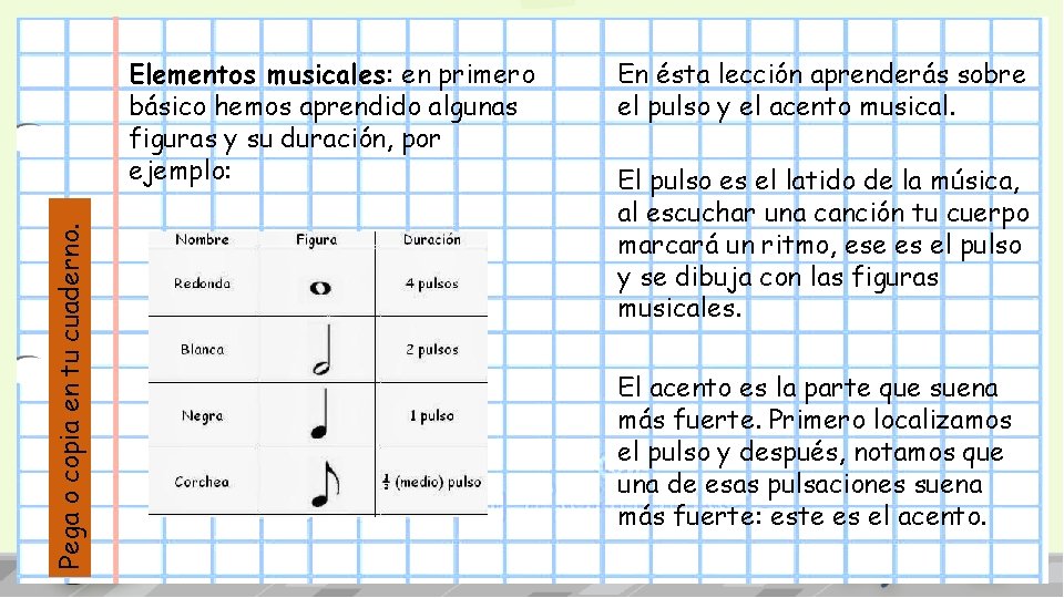 Pega o copia en tu cuaderno. Elementos musicales: en primero básico hemos aprendido algunas