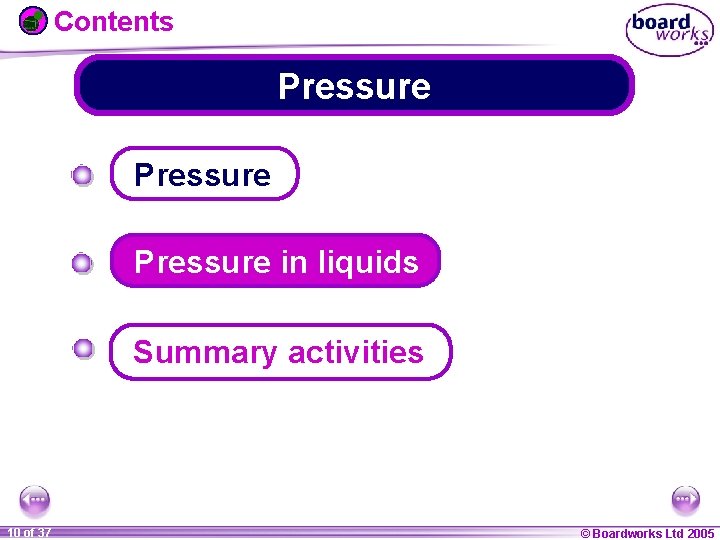 Contents Pressure in liquids Summary activities 1 10 ofof 20 37 © Boardworks Ltd