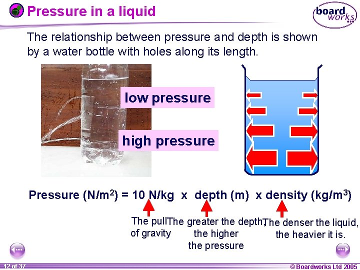 Pressure in a liquid The relationship between pressure and depth is shown by a