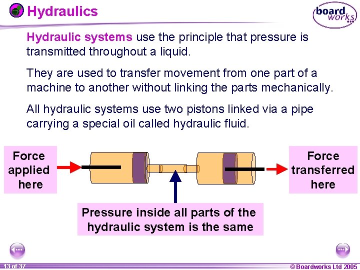 Hydraulics Hydraulic systems use the principle that pressure is transmitted throughout a liquid. They