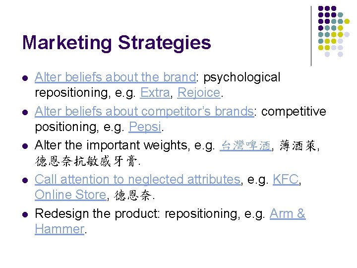 Marketing Strategies l l l Alter beliefs about the brand: psychological repositioning, e. g.