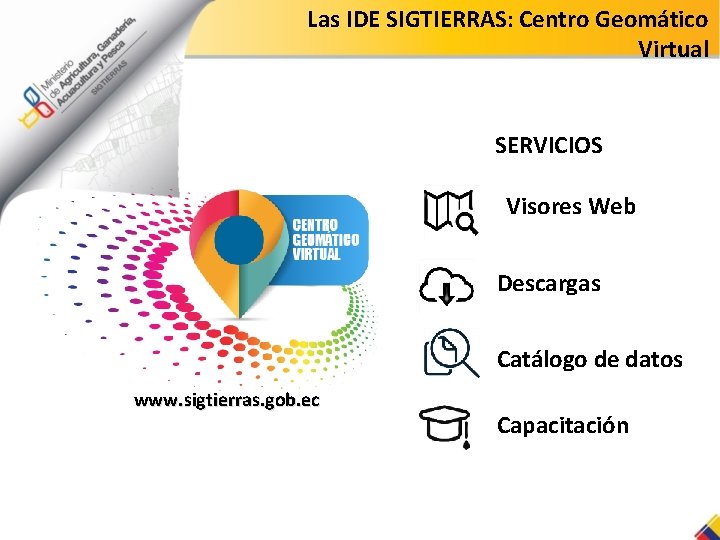 Las IDE SIGTIERRAS: Centro Geomático Virtual SERVICIOS Visores Web Descargas Catálogo de datos www.