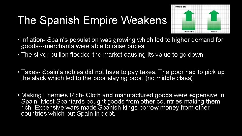 The Spanish Empire Weakens • Inflation- Spain’s population was growing which led to higher