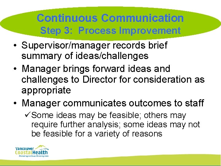 Continuous Communication Step 3: Process Improvement • Supervisor/manager records brief summary of ideas/challenges •