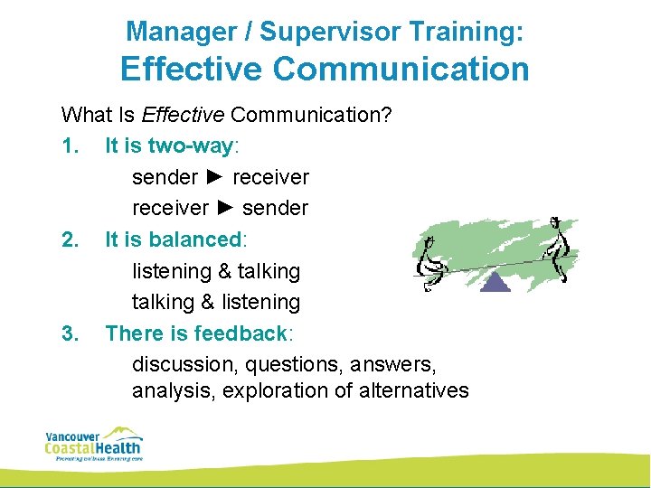 Manager / Supervisor Training: Effective Communication What Is Effective Communication? 1. It is two-way: