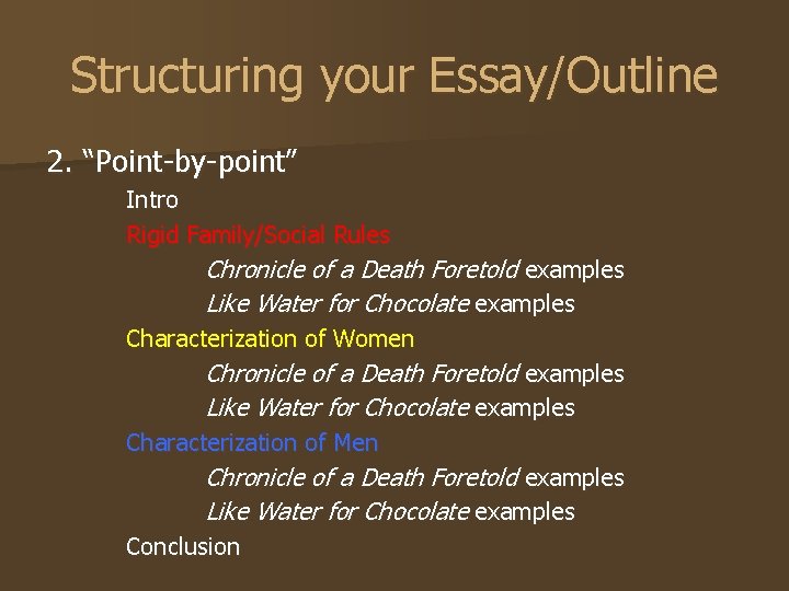 Structuring your Essay/Outline 2. “Point-by-point” Intro Rigid Family/Social Rules Chronicle of a Death Foretold